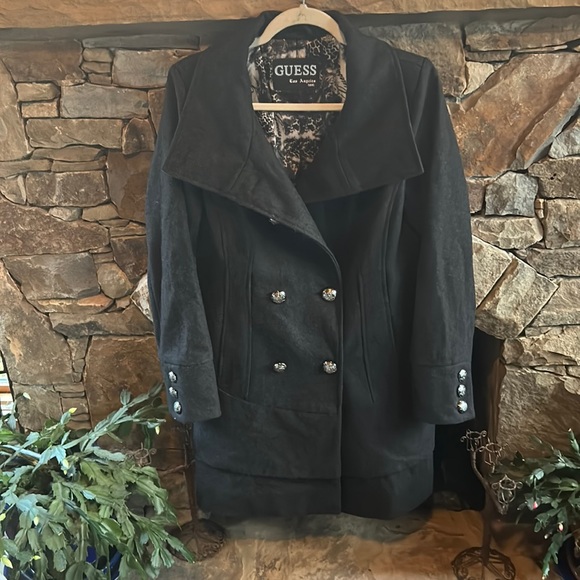 Guess Gray Wool Double Breasted Medium Coat; Fully Lined; Silver Buttons; NWOT - Picture 1 of 12